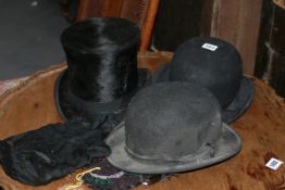 A TOP HAT, TWO BOWLER HATS, EVENING BAGS,ETC