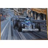 A RARE ORIGINAL PAINTING OF FORMULA RACE CARS AT LE MANS, SIGNED M.R.WATTS