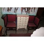 AN UNUSUAL EDWARDIAN ARTS AND CRAFTS STYLE MAHOGANY TWO SEAT SETTEE WITH DETACHABLE SECTIONS FORMING