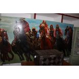 A LARGE ACRYLIC ON PERSPEX PAINTING, HORSE RACING SIGNED INDISTINCTLY, TOGETHER WITH ANOTHER BY