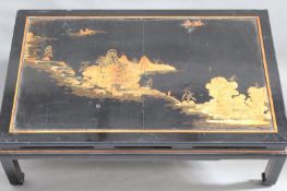 A 19th Century Oriental lacquer panel, depicting temple, mountains and trees, fitted in later low