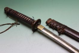 A Japanese katana with cast bronze tsuba, in leather wrapped scabbard