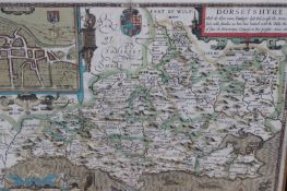 After John Speed, Dorsetshire, hand coloured map, 17th Century, 41 x 52cm.
