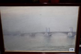 Yoshio Markino (1874-1956) Japanese, Misty river landscape, possibly Grosvenor Bridge signed with