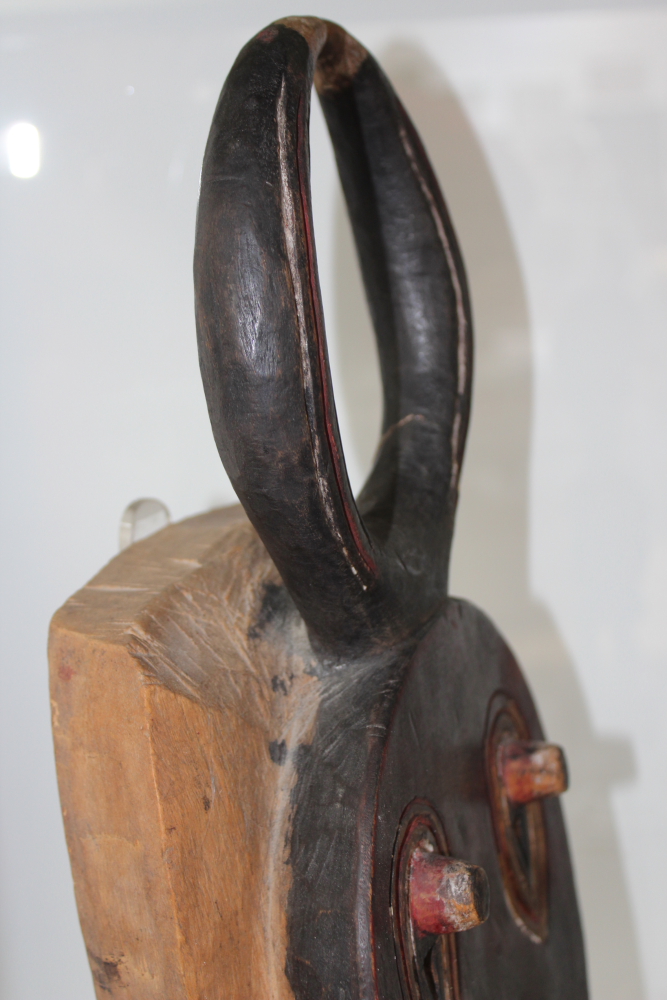 A carved and polychrome tribal ceremonial mask with horn crest, possibly African. - Image 12 of 13