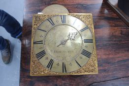 An 18th Century 30 hour oak cased longcase clock, the birdcage form movement to 10 3/4" brass