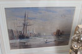 Attrib. Thomas Bush Hardy, Shipping off a pier, watercolour, 13 x 18.5cm, Rowley Gallery label