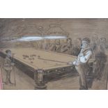 G.M.Payne (early 20th Century), two comic images of snooker players, pen and ink, signed and four