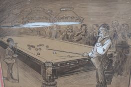 G.M.Payne (early 20th Century), two comic images of snooker players, pen and ink, signed and four