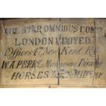 A 19th Century hand painted panel from a Horse drawn omnibus- painted script "THE STAR OMNIBUS COMpy