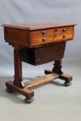 A William IV rosewood sewing table, the rising top with mirror, enclosing compartment above a single