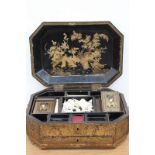 A Chinese export lacquer work box, with fitted interior and containing a quantity of carved ivory