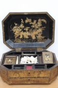 A Chinese export lacquer work box, with fitted interior and containing a quantity of carved ivory