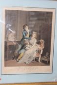 After L Boilly, (Fr 1761-1845), colour stipple engraving of a young family, 52 x 40cm, and two other