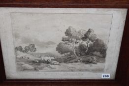 After Gainsborough, a late 18th Century print of cattle in a landscape, and six other landscape