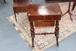 A Victorian burr walnut carved work table, fitted with shallow drawer above tray compartment, on
