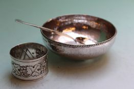 Hugh Wallis: a hammered silver bowl on three pad feet, Chester 1918, 10cm diameter, a silver tea