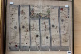 After John Ogilby, Oxford to Bristol hand coloured strip map, 17th/18th Century, plate size 33.5 x