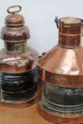 Two large vintage polished copper ships lights for port and starboard, 63cm the largest