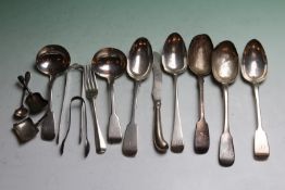 A pair of Victorian silver fiddle pattern sauce ladles, London 1839, five assorted silver table