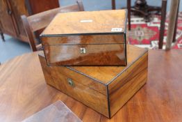 A Victorian burr walnut and ebony banded jewellery box, together with a similar writing box