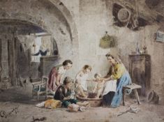Cesare Provaggi (19th Century) Italian, A pair of views of families in rustic interiors, signed,
