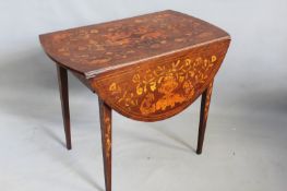 An antique mahogany Dutch marquetry oval drop leaf table, with straight tapered legs, 104cm wide