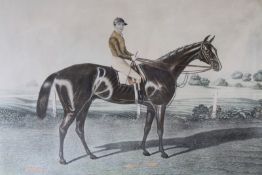 A hand coloured print of the racehorse "Doncaster", winner of the Derby stakes at Epsom 1873, in a
