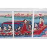 After Chukashige Morikawa (Japanese 19th Century), "Meiji Empress on Sumida river", a triptych,