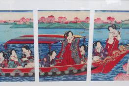 After Chukashige Morikawa (Japanese 19th Century), "Meiji Empress on Sumida river", a triptych,
