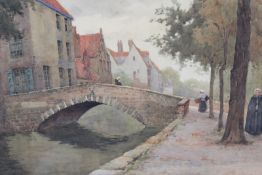 Adolph Campbell Meyer (1866-1919), View of Bruges with figures by a river, signed, watercolour, 34 x