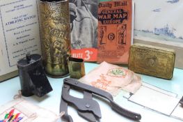A group of interesting WWI and WWII collectables and ephemera to include a Princess Mary chocolate