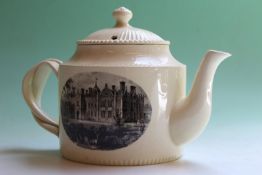 An early 19th Century creamware teapot, with entwined reeded handle and decorated with a transfer