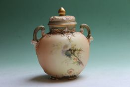 A Royal Worcester two handled lidded pot pourri, painted with thistle designs, 16cm high