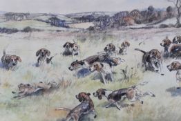 Manner of Cecil Aldin, Hare and hounds in an extensive landscape, watercolour and charcoal, 32 x