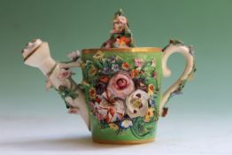 A 19th Century Derby miniature teapot modelled in the form of a watering can, with encrusted