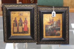 A pair of 19th Century Russian icons on panel, depicting St George and the Dragon and three