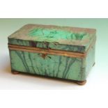 A malachite cedar lined cigarette box, with brass mounts and pad feet, 22cm x 14cm x 11cm high
