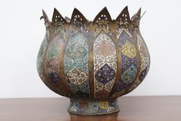 An Indo Persian enamelled brass lobed form deep bowl, with pierced leaf form rim and flared ring