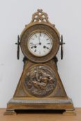 A Victorian gilt brass cased mantel clock, with electrotype relief panel depicting Old Father