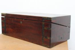 A George III mahogany and brass bound campaign type writing box, with recessed brass handles, 59cm