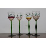 Four enamelled Art Nouveau style wine glasses, possibly Austrian, 21.5 cm high