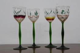 Four enamelled Art Nouveau style wine glasses, possibly Austrian, 21.5 cm high