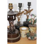 A bronze table lamp with mermaid support, 25cm over all, a pair of Regency style flower ornaments,