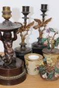 A bronze table lamp with mermaid support, 25cm over all, a pair of Regency style flower ornaments,