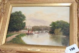 Atrrib. J. Lewis, Chiswick Ferry and Richmond Bridge, one signed, oil on board, 20 x 30cm. (2)