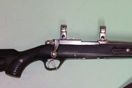 A Ruger model 77 .22 magnum bolt action rifle with brushed stainless finish and composite stock.