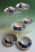 Three First Period Worcester tea bowls and saucers, two fence pattern, the other floral print, and