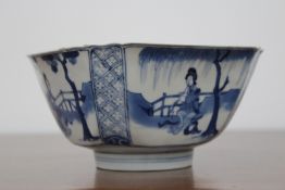 A Chinese blue and white bowl of square form, each side decorated with a figural panel, six