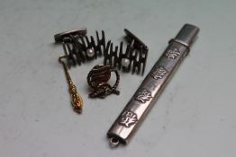 A Chinese silver pencil, a 9ct gold button hook, a pair of 9.25 silver cufflinks and a Tiffany